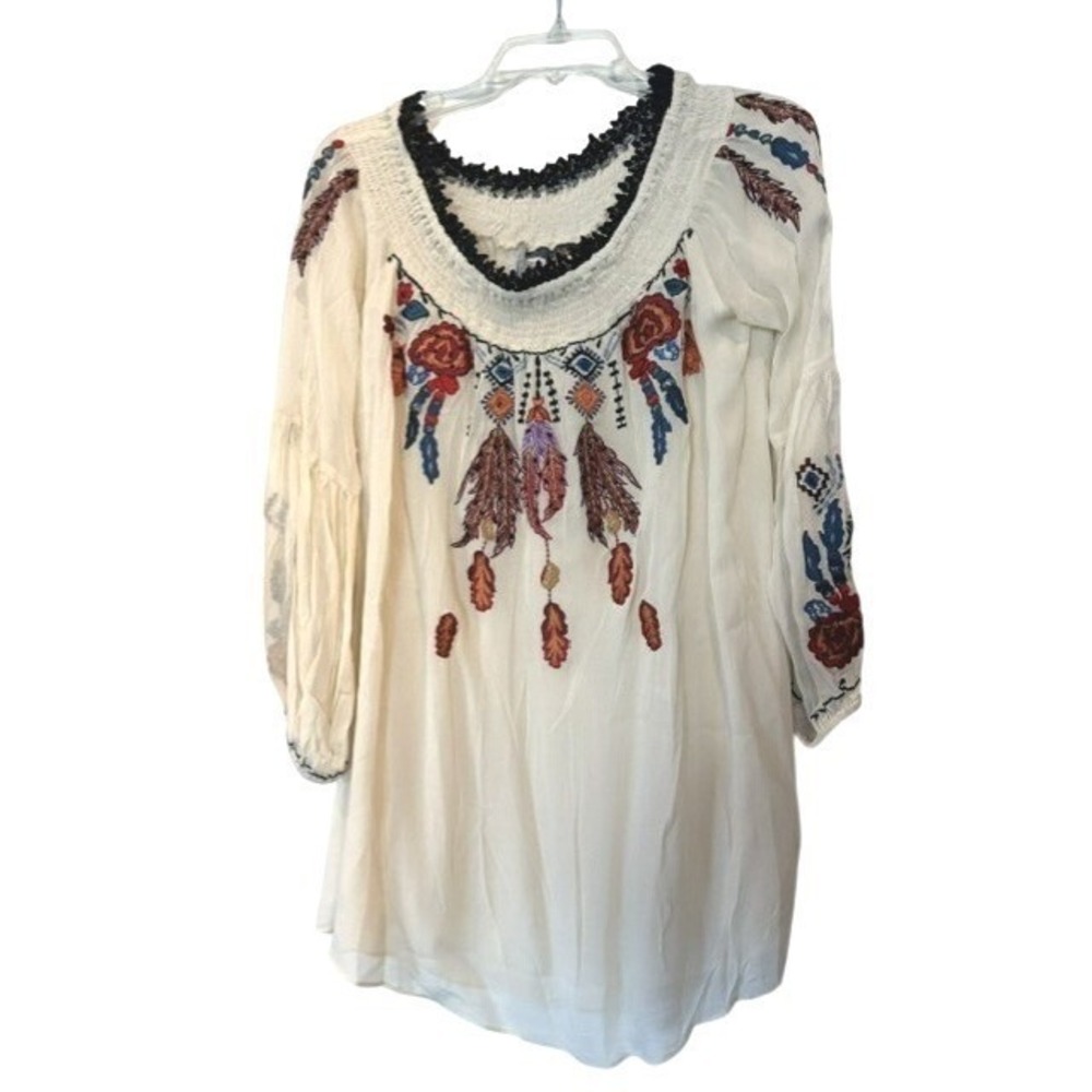 Vintage Collection Tunic S Embroidered Feather Western Cream Viscose Top NWT
